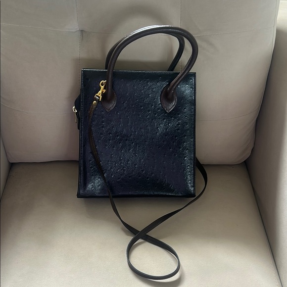 Chic Black faux ostrich Leather top handle bag with long strap - Picture 5 of 8